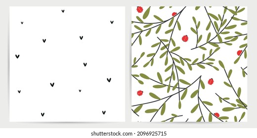 Ladybug and leaf seamless pattern set with khaki green leaves and tiny ladybird on white background. Miniature insect vector repeat design for girls apparel or nursery wallpaper.
