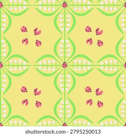  ladybug and lily of the valley flower pattern, featuring a fresh spring mood, delicate white blooms, and a cute natural style perfect for seasonal and botanical designs.