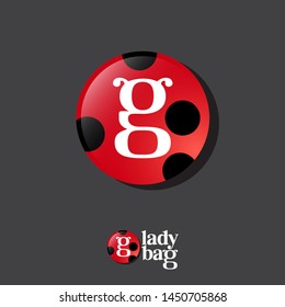 Ladybug logo. Fun letter G with insects antennae. Kids team emblem. Glossy icon of ladybug. G monogram in red circle with black dots.