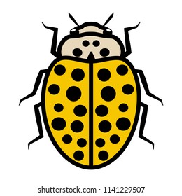 Ladybug logo symbol icon sign with twenty two black spots. An illustration of a ladybug, isolated, mostly black and yellow colored, simple style, outlined.
