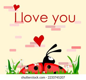 Ladybug in a lovely daisy garden seen from behind and under a pink brick wall