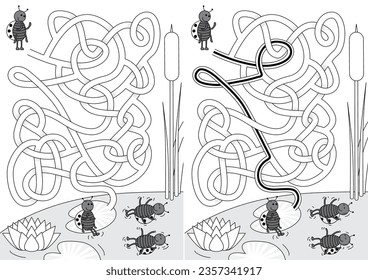 Ladybug maze going to the lake for kids with a solution in black and white