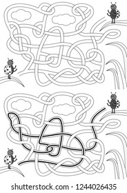 Ladybug maze for kids with a solution in black and white