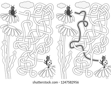 Ladybug maze for kids with a solution in black and white