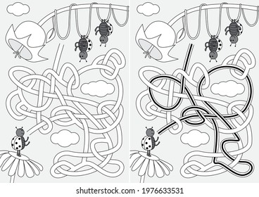 Ladybug maze for kids and solution in black   white