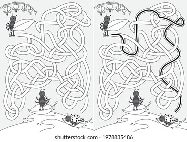 Ladybug maze for kids with a solution in black and white