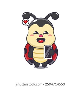 ladybug with mobile phone. mascot cartoon character vector illustration. design element for poster, brochure, web, mascot, sticker, logo and icon.