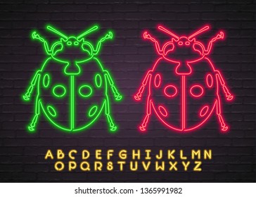 Ladybug Neon Light Glowing Vector Illustration Green and Red Bright Glowing with Alphabet Neon Yellow Bright  Glowing