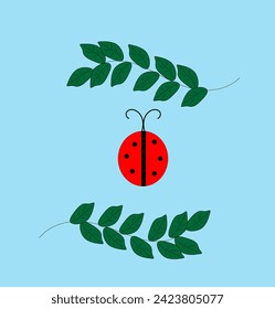 ladybug on a blue background and green twigs