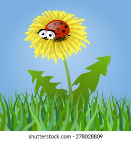 Ladybug on a dandelion on blue background