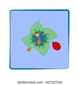 Ladybug on flower in blue square card. Cute color sign color insect symbol spring, summer, garden. Template for t shirt, apparel, card, poster etc. Design colorful element. Vector illustration