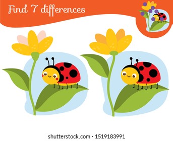 Ladybug on flower. Find the differences educational children game. Kids activity fun page