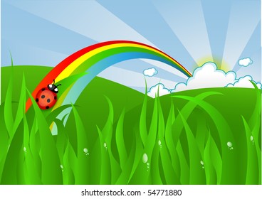Ladybug On Grass And Rainbow