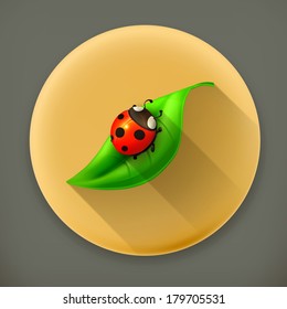 Ladybug on green leaf long shadow vector icon