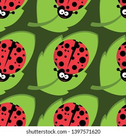 Сrazy ladybug on green leaf seamless pattern