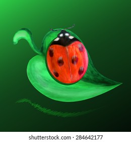 Ladybug on a green leaf (trace). Watercolor, chalk.