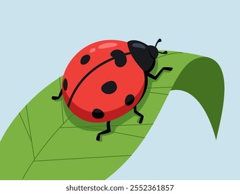 Ladybug on a Leaf: A cheerful ladybug rests on a vibrant green leaf, a charming illustration perfect for children's books, nature-themed designs, or springtime projects.