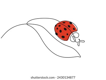 Ladybug on leaf in continuous one line art drawing. Floral and fauna vector illustration editable stroke.