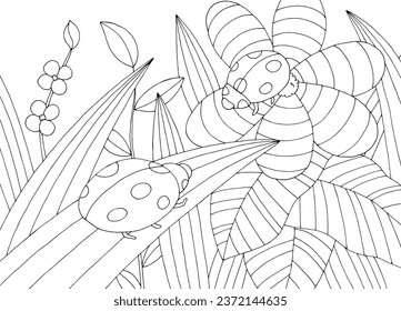 Ladybug on a leaf graphic black white sketch illustration vector