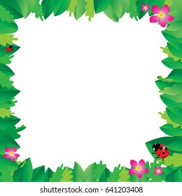 Ladybug on leaves with green leaves frame, vector illustration.