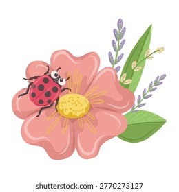 Ladybug on a pink flower vector illustration. Botanical composition with red beetle, blossom, lavender and leaves isolated on white.