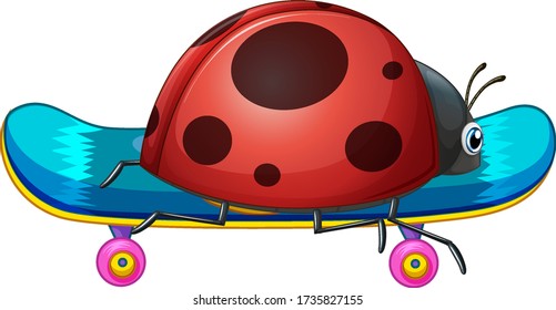Ladybug on skateboard on white background illustration