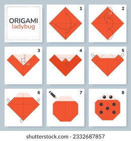 Ladybug origami scheme tutorial moving model. Origami for kids. Step by step how to make a cute origami insect. Vector illustration.