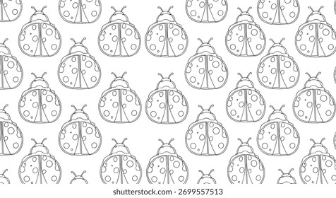 Ladybug outlines are hand-drawn in a simple sketch style, creating a cute and classic black and white seamless pattern for nature lovers.