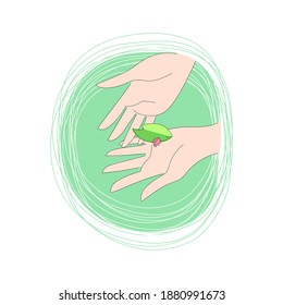 Ladybug in the palms. The concept of communication with nature, environmental protection. Vector illustration in flat style.