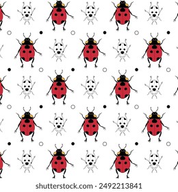 Ladybug pattern background. A simple pattern on a white background. Hand drawing. 