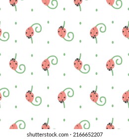 ladybug pattern. The beetle crawls over the plant. Pattern for children's wallpaper, textile.