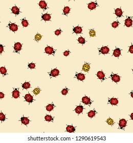 ladybug pattern. 
ladybirds on beige background. Endless ornament with Coccinella.