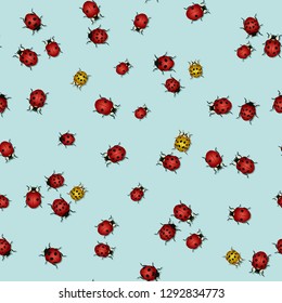 ladybug pattern. ladybirds on blue background. Endless ornament with Coccinella.