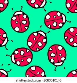 ladybug pattern. seamless pattern of a red round beetle with white spots and small antennae and a black outline randomly placed on a green background. funny ladybug top view template for summer design