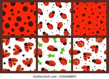 Ladybug Patterns. Red Dots Texture, Garden Bugs And Seamless Ladybugs Illustration Vector Set. Collection Of Pattern Ladybug Wallpaper, Seamless Background