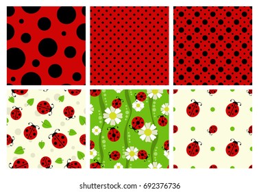 Ladybug patterns set. Vector cute ladybird textures.