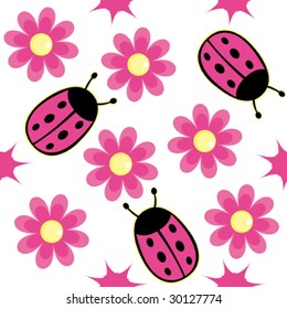 Ladybug and pink daisy seamless wallpaper background. Vector illustration.