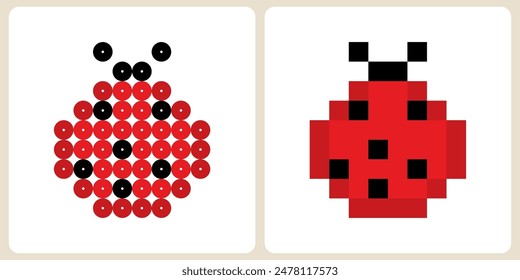 ladybug in pixel art for cross stitch and beaded patterns in vector illustration.