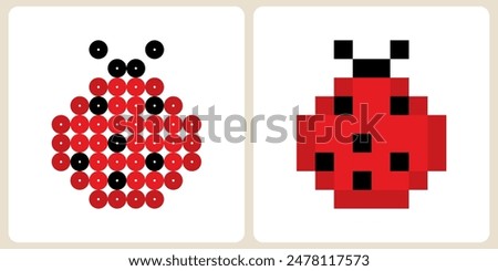 ladybug in pixel art for cross stitch and beaded patterns in vector illustration.