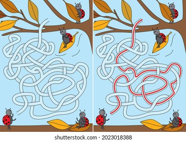 Ladybug playing with autumn leaves maze for kids with a solution