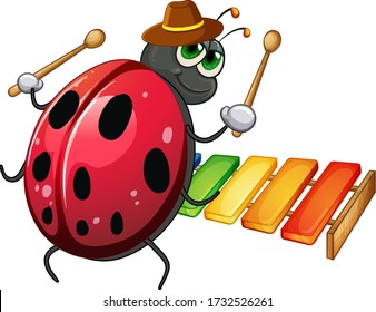 Ladybug playing xylophone on white background illustration