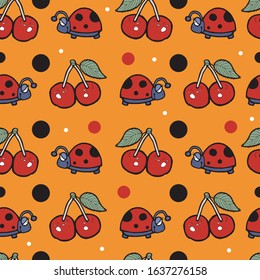 ladybug and red cherries seamless pattern on orange background 