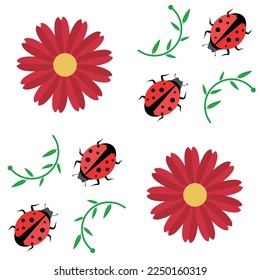 Ladybug and red flower seamless pattern. Beautiful children's pattern with ladybird.