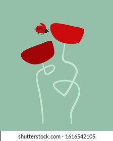ladybug red poppies vector stylized modern seamless floral card 