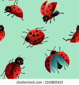 Ladybug red. Seamless pattern. Wildlife object. Little funny insect. Cute cartoon style. Vector.