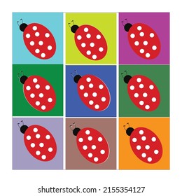Ladybug repeated on different colored backgrounds. Vector illustration.Style pop art.