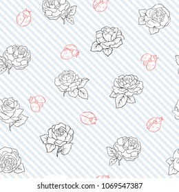 Ladybug and roses seamless pattern, texture; background. On white and blue diagonal stripes background. Vector illustration. Colored and outline drawing. 