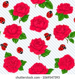 Ladybug and roses seamless pattern, texture; background. On white and blue diagonal stripes background. Vector illustration. 