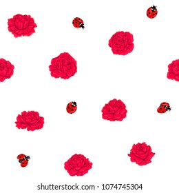 Ladybug and roses seamless pattern, texture; background. Isolated on white background. Vector illustration. 