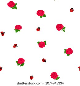 Ladybug and roses seamless pattern, texture; background. Isolated on white background. Vector illustration. 